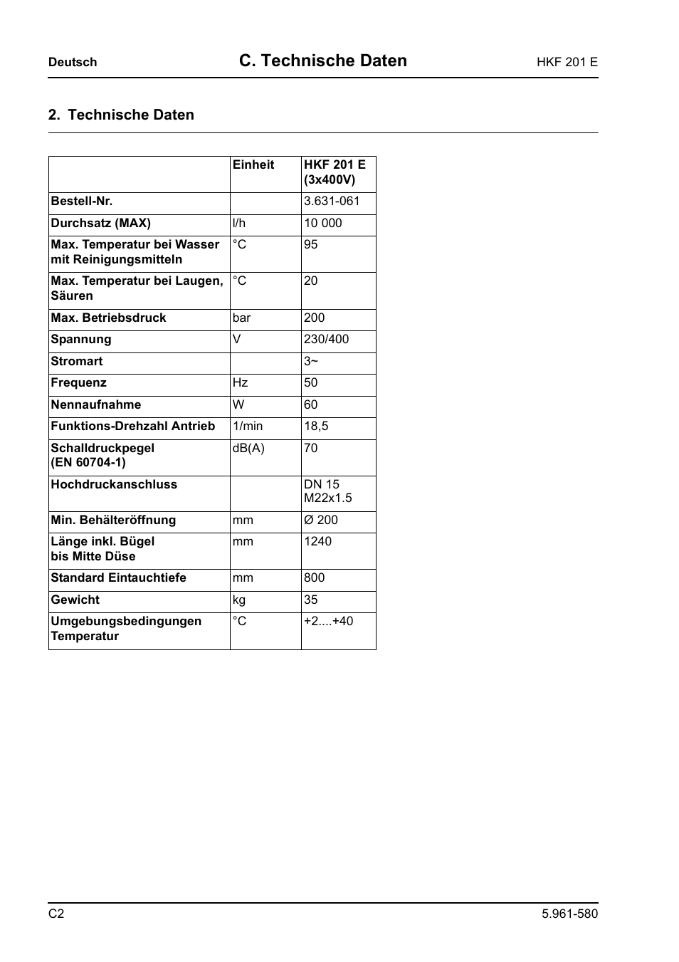 C. technische daten | Karcher HKF 201 E User Manual | Page 8 / 160