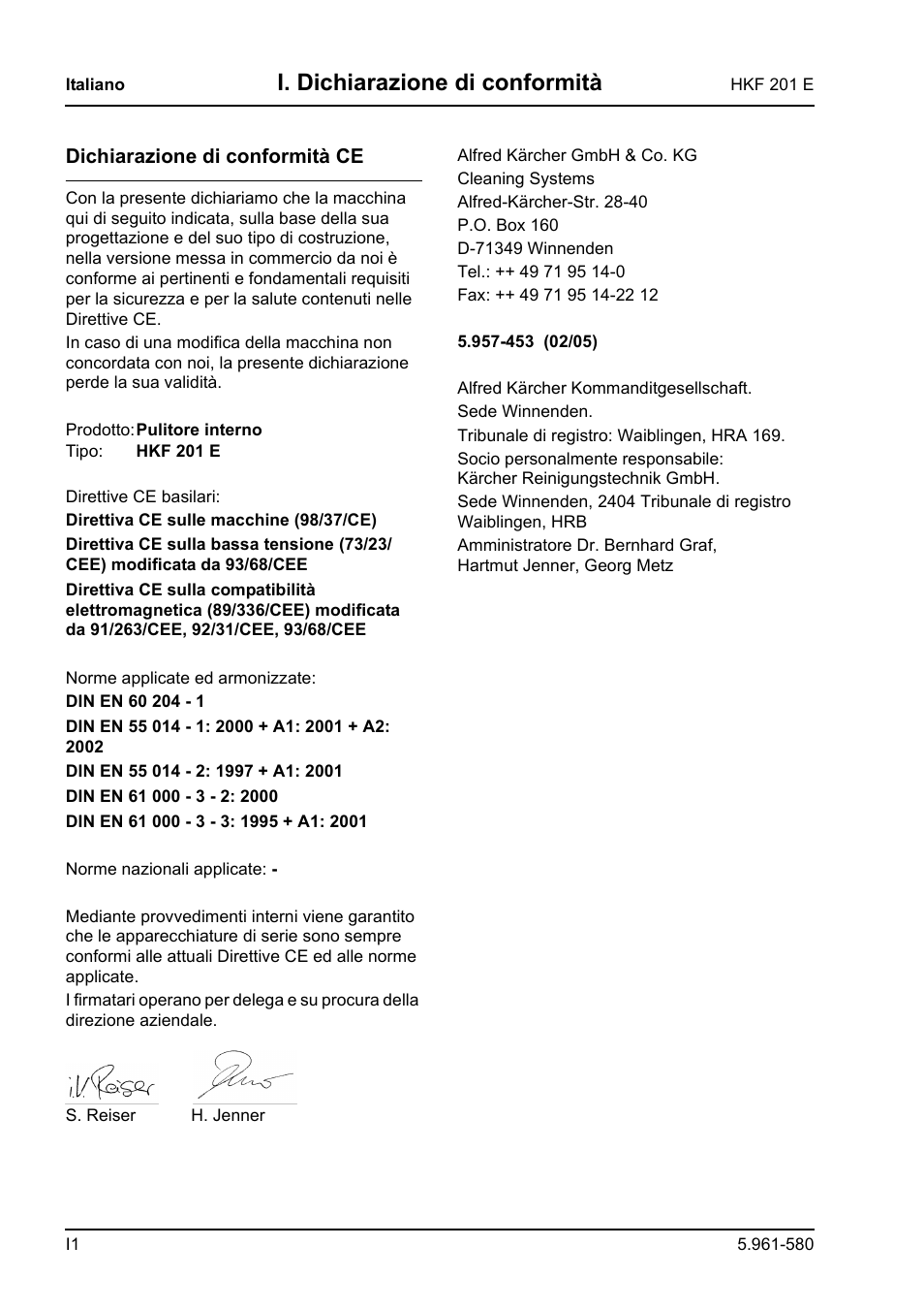 I. dichiarazione di conformità | Karcher HKF 201 E User Manual | Page 80 / 160