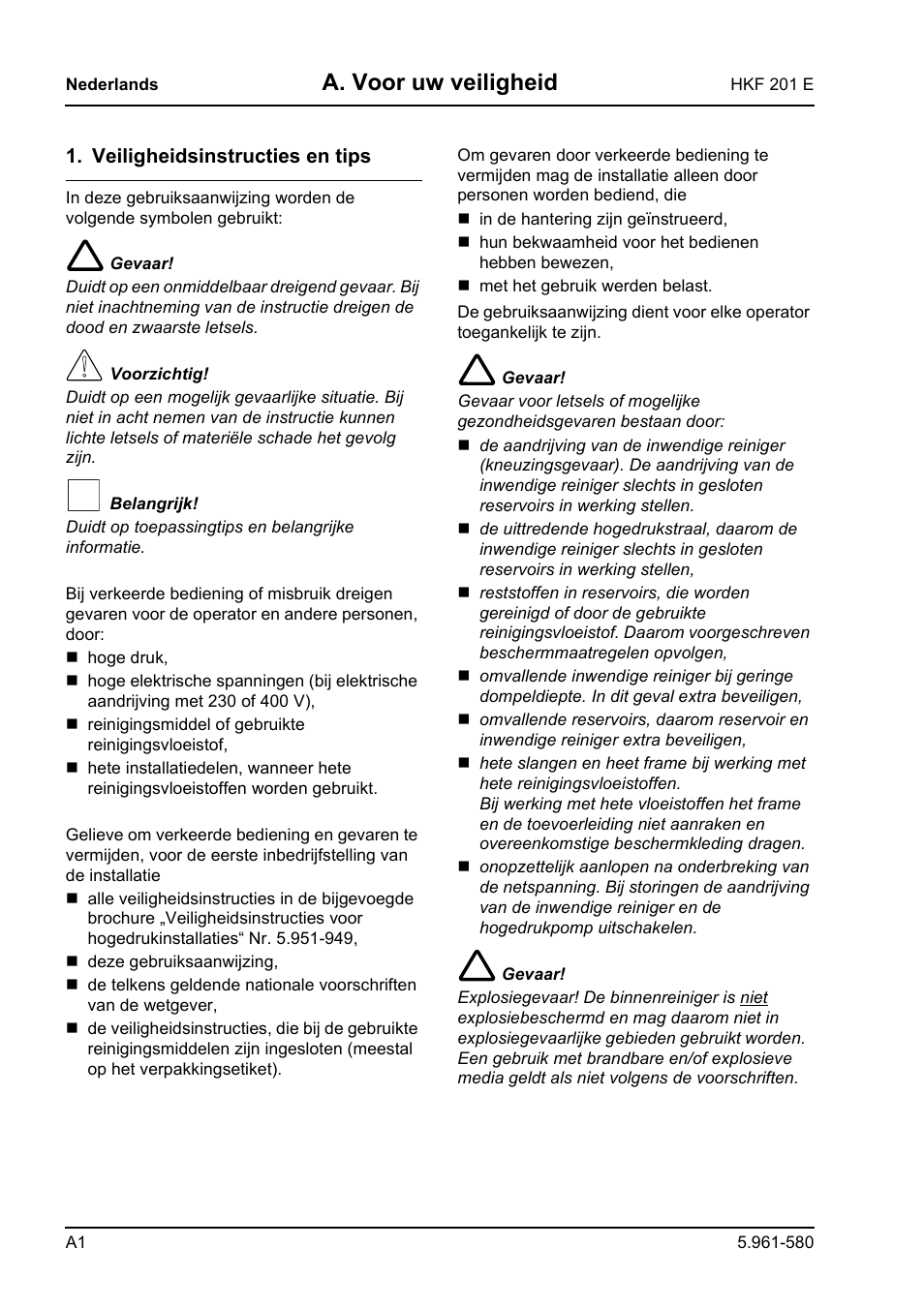 A. voor uw veiligheid | Karcher HKF 201 E User Manual | Page 84 / 160
