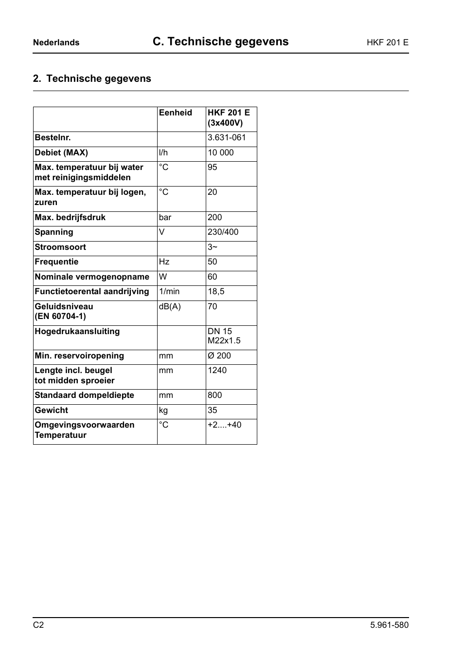 C. technische gegevens | Karcher HKF 201 E User Manual | Page 88 / 160