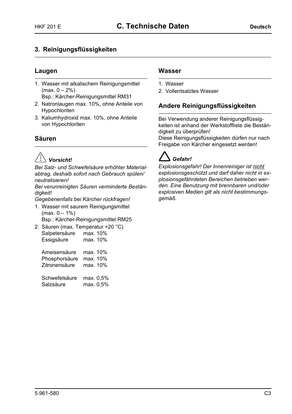 C. technische daten | Karcher HKF 201 E User Manual | Page 9 / 160