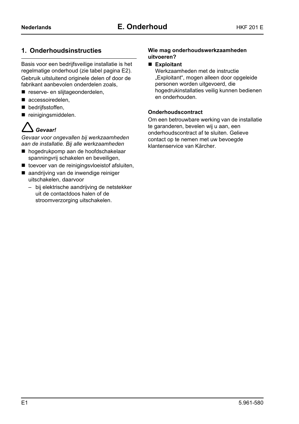 E. onderhoud | Karcher HKF 201 E User Manual | Page 94 / 160