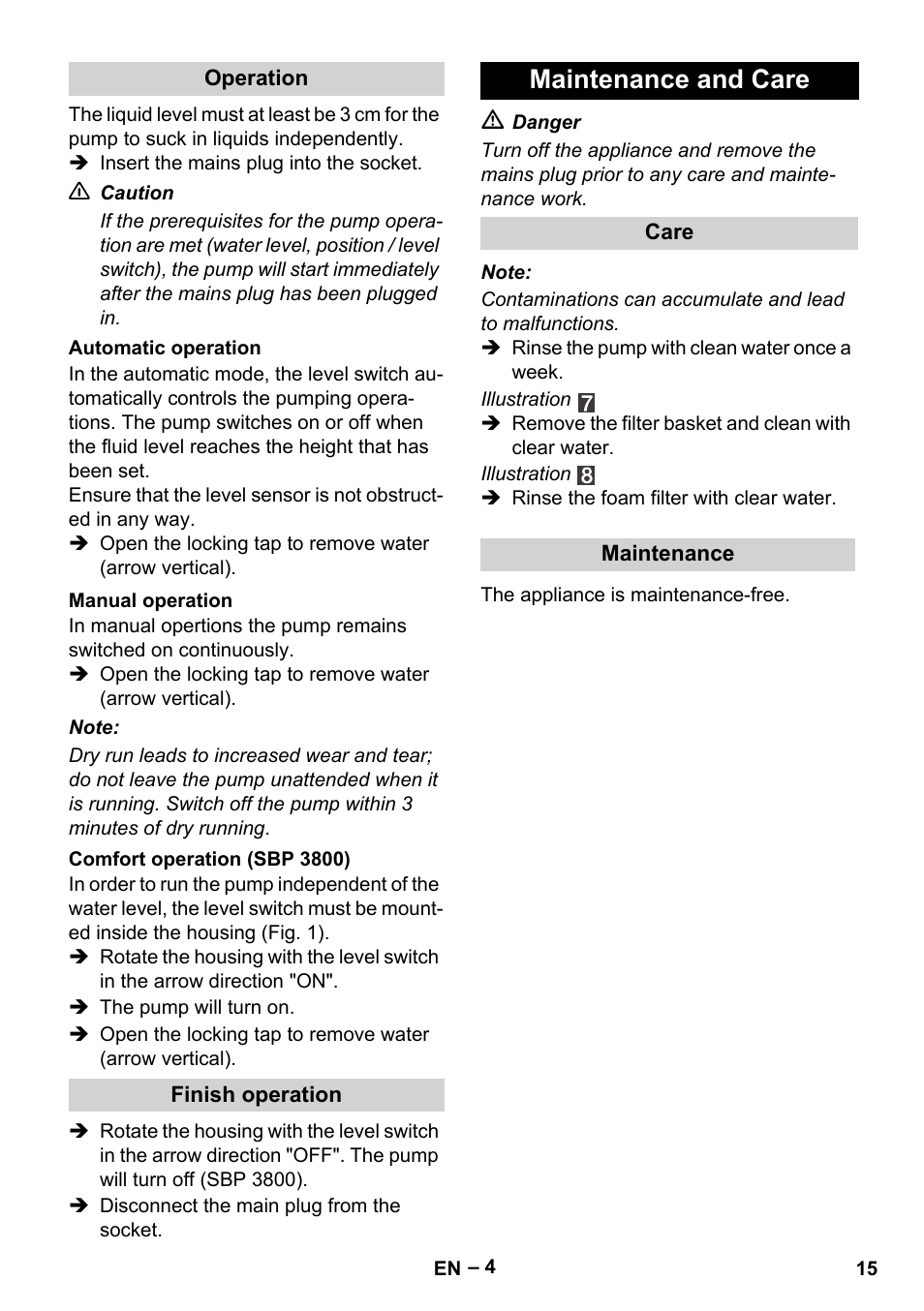 Maintenance and care | Karcher BP 1 Barrel Set User Manual | Page 15 / 68