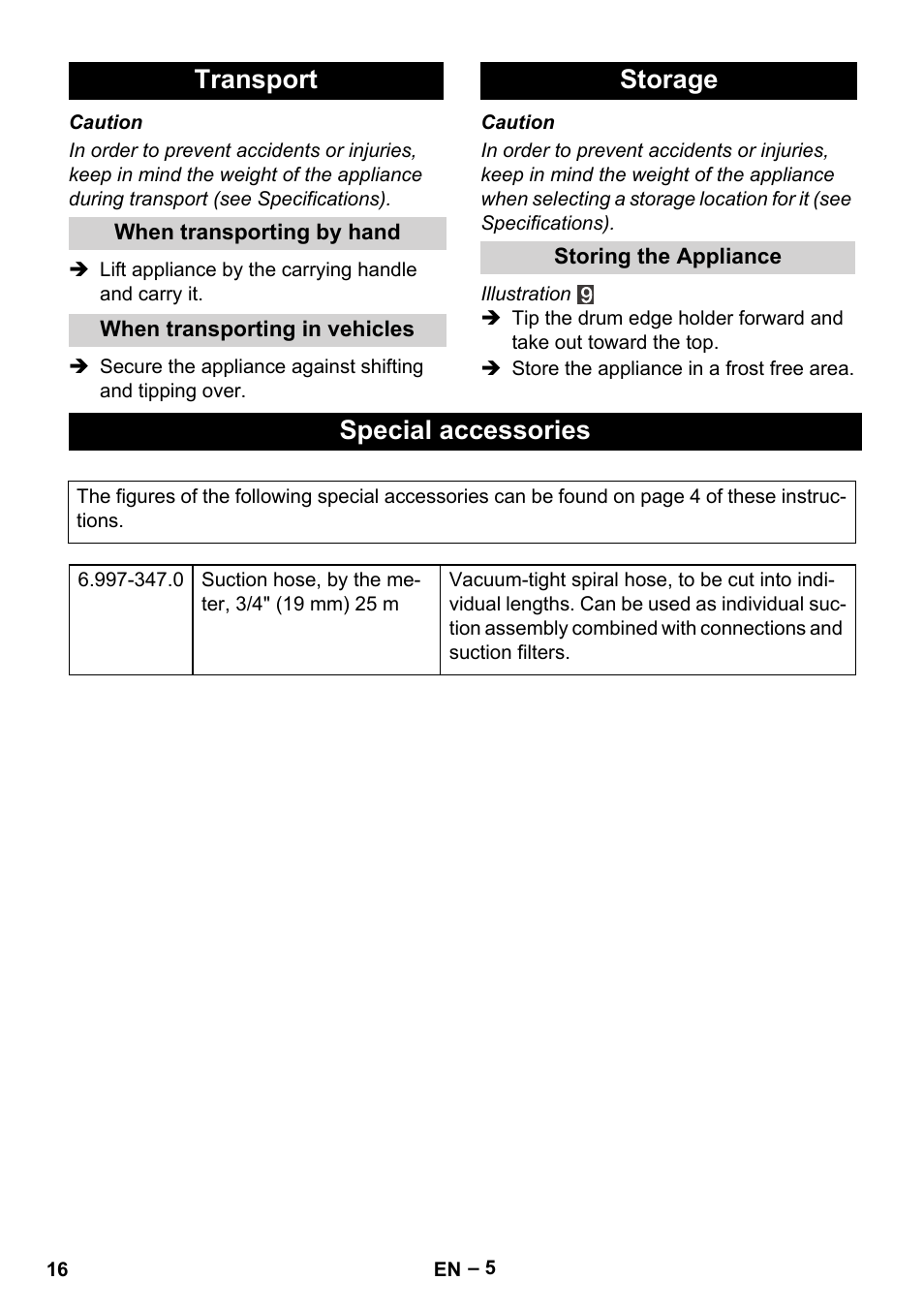 Transport, Storage, Special accessories | Karcher BP 1 Barrel Set User Manual | Page 16 / 68