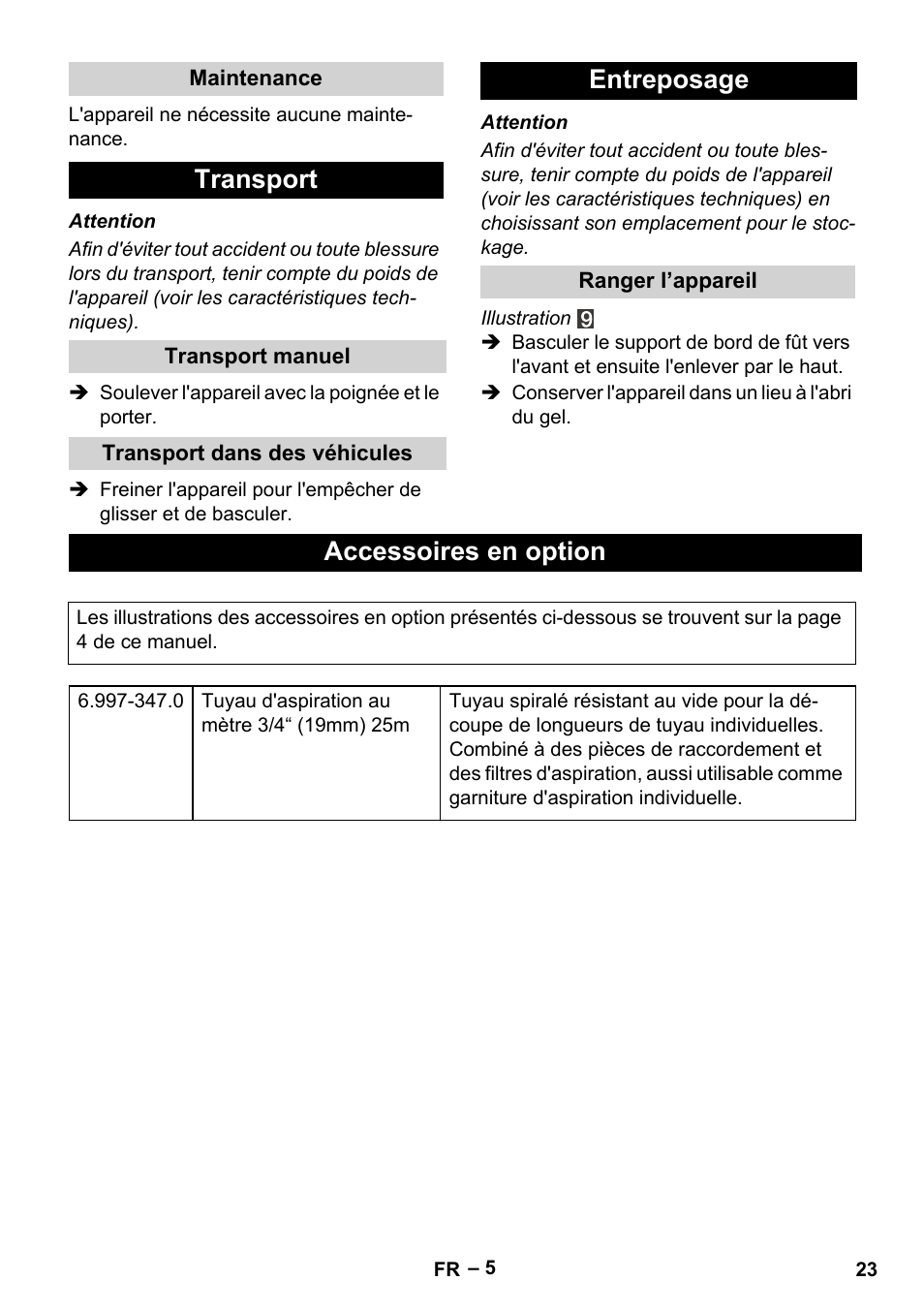 Transport, Entreposage, Accessoires en option | Karcher BP 1 Barrel Set User Manual | Page 23 / 68