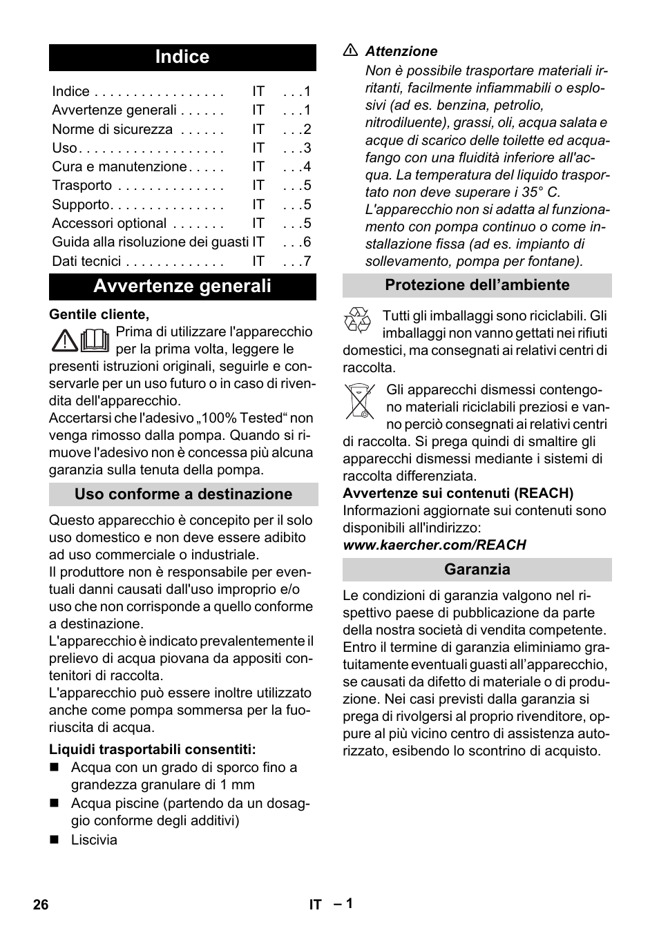 Italiano, Indice, Avvertenze generali | Karcher BP 1 Barrel Set User Manual | Page 26 / 68