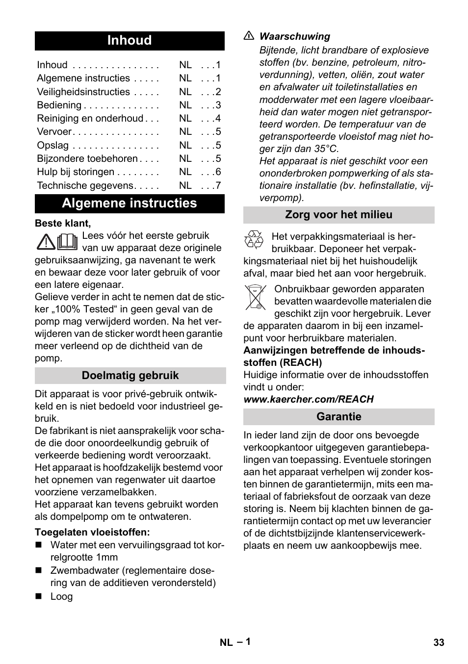 Nederlands, Inhoud, Algemene instructies | Karcher BP 1 Barrel Set User Manual | Page 33 / 68