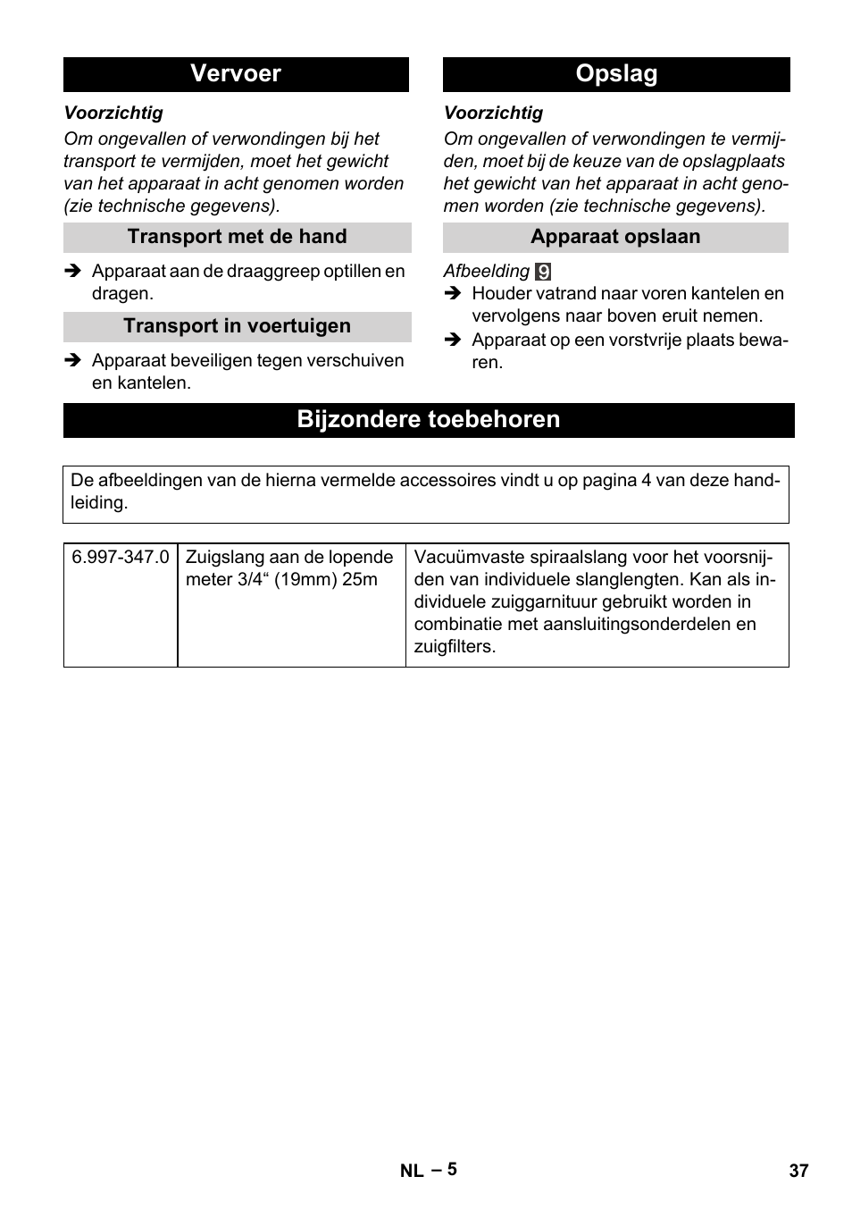 Vervoer, Opslag, Bijzondere toebehoren | Karcher BP 1 Barrel Set User Manual | Page 37 / 68