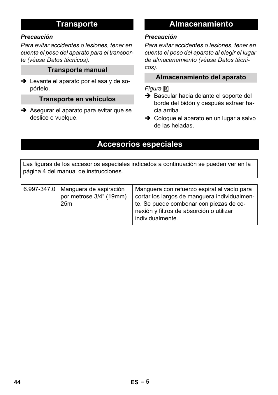 Transporte, Almacenamiento, Accesorios especiales | Karcher BP 1 Barrel Set User Manual | Page 44 / 68