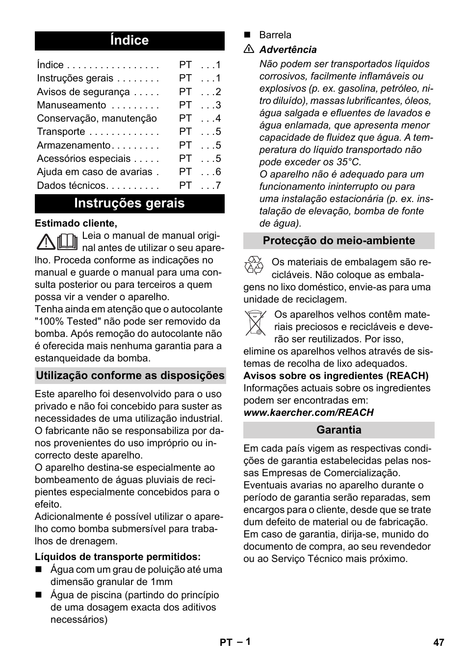 Português, Índice, Instruções gerais | Karcher BP 1 Barrel Set User Manual | Page 47 / 68