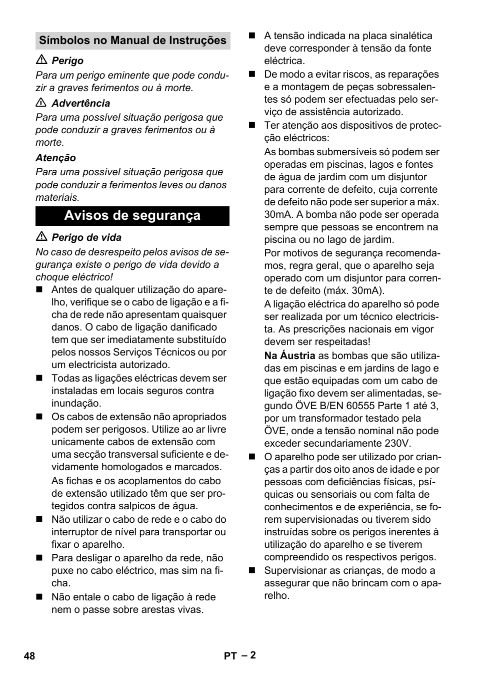 Avisos de segurança | Karcher BP 1 Barrel Set User Manual | Page 48 / 68