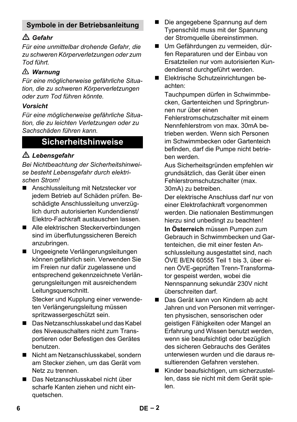 Symbole in der betriebsanleitung, Sicherheitshinweise | Karcher BP 1 Barrel Set User Manual | Page 6 / 68