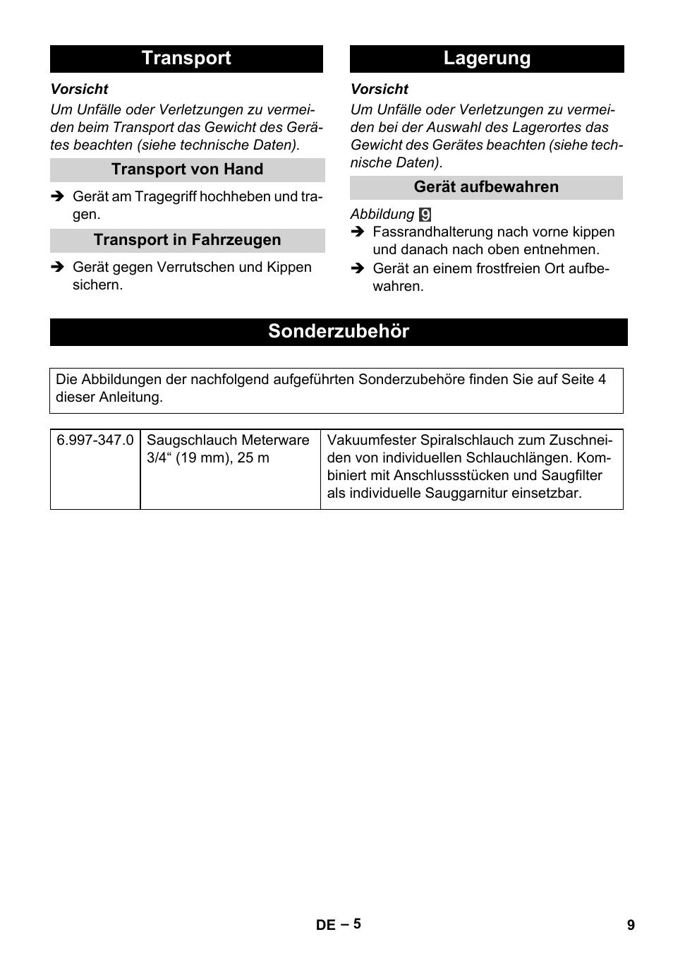 Transport, Transport von hand, Transport in fahrzeugen | Lagerung, Gerät aufbewahren, Sonderzubehör | Karcher BP 1 Barrel Set User Manual | Page 9 / 68