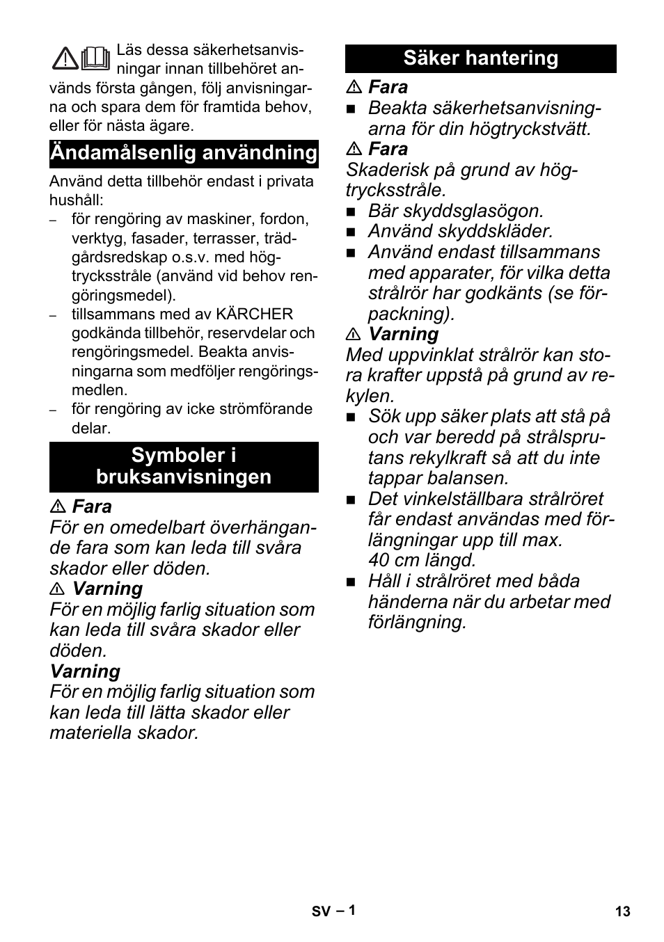 Svenska, Ändamålsenlig användning, Symboler i bruksanvisningen | Säker hantering | Karcher K 5 Premium Offroad User Manual | Page 13 / 32