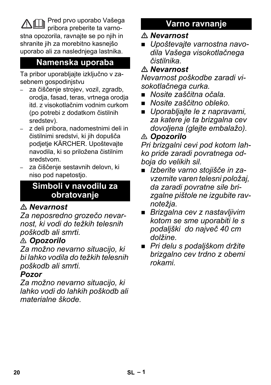 Slovenščina, Namenska uporaba, Simboli v navodilu za obratovanje | Varno ravnanje | Karcher K 5 Premium Offroad User Manual | Page 20 / 32