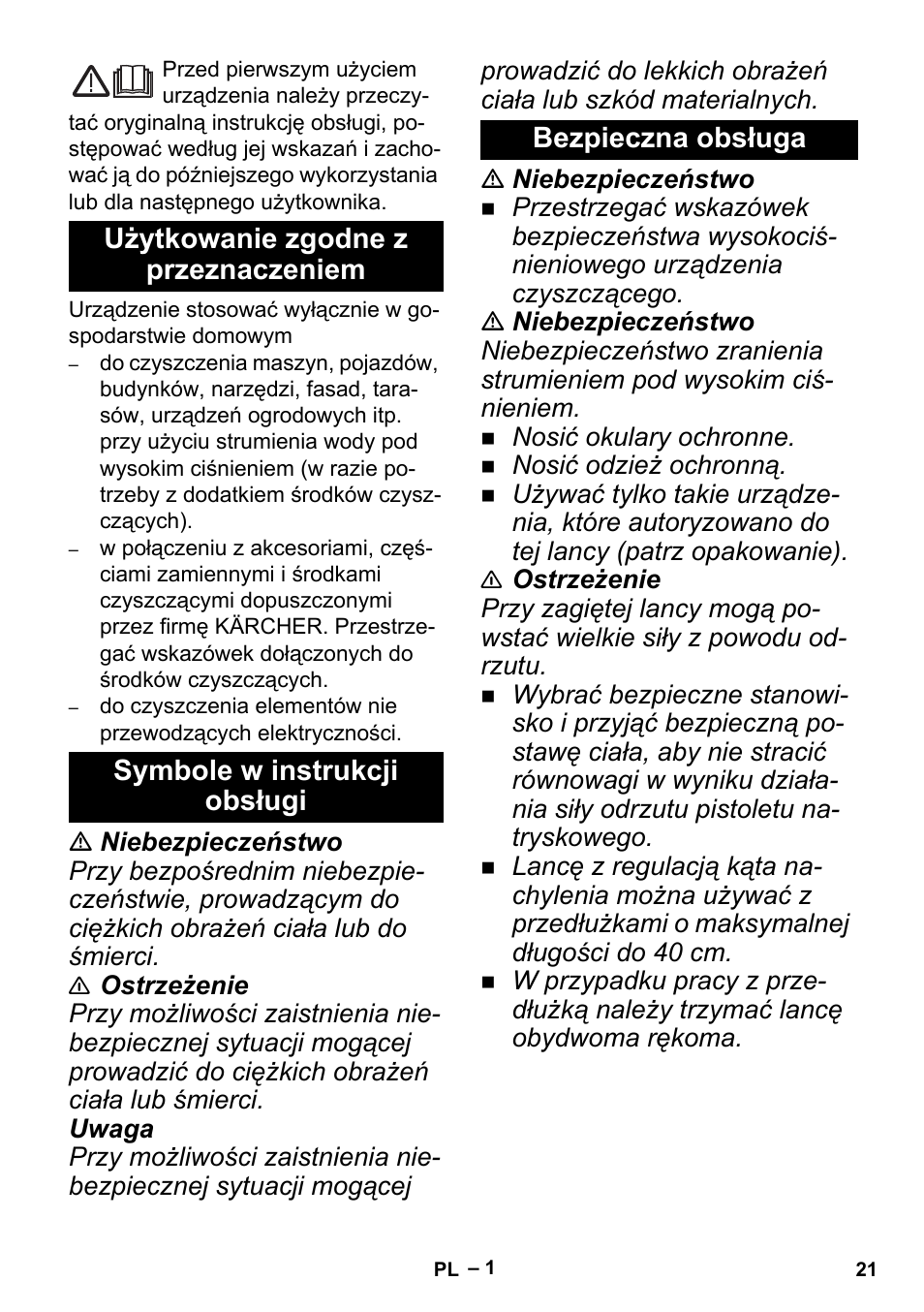 Polski, Użytkowanie zgodne z przeznaczeniem, Symbole w instrukcji obsługi | Bezpieczna obsługa | Karcher K 5 Premium Offroad User Manual | Page 21 / 32