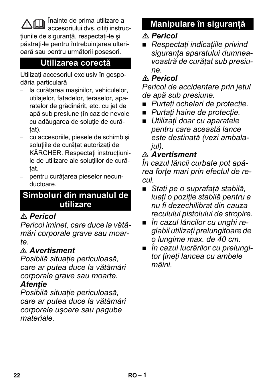 Româneşte, Utilizarea corectă, Simboluri din manualul de utilizare | Manipulare în siguranţă | Karcher K 5 Premium Offroad User Manual | Page 22 / 32