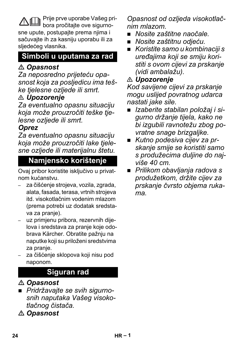 Hrvatski, Simboli u uputama za rad, Namjensko korištenje | Siguran rad | Karcher K 5 Premium Offroad User Manual | Page 24 / 32