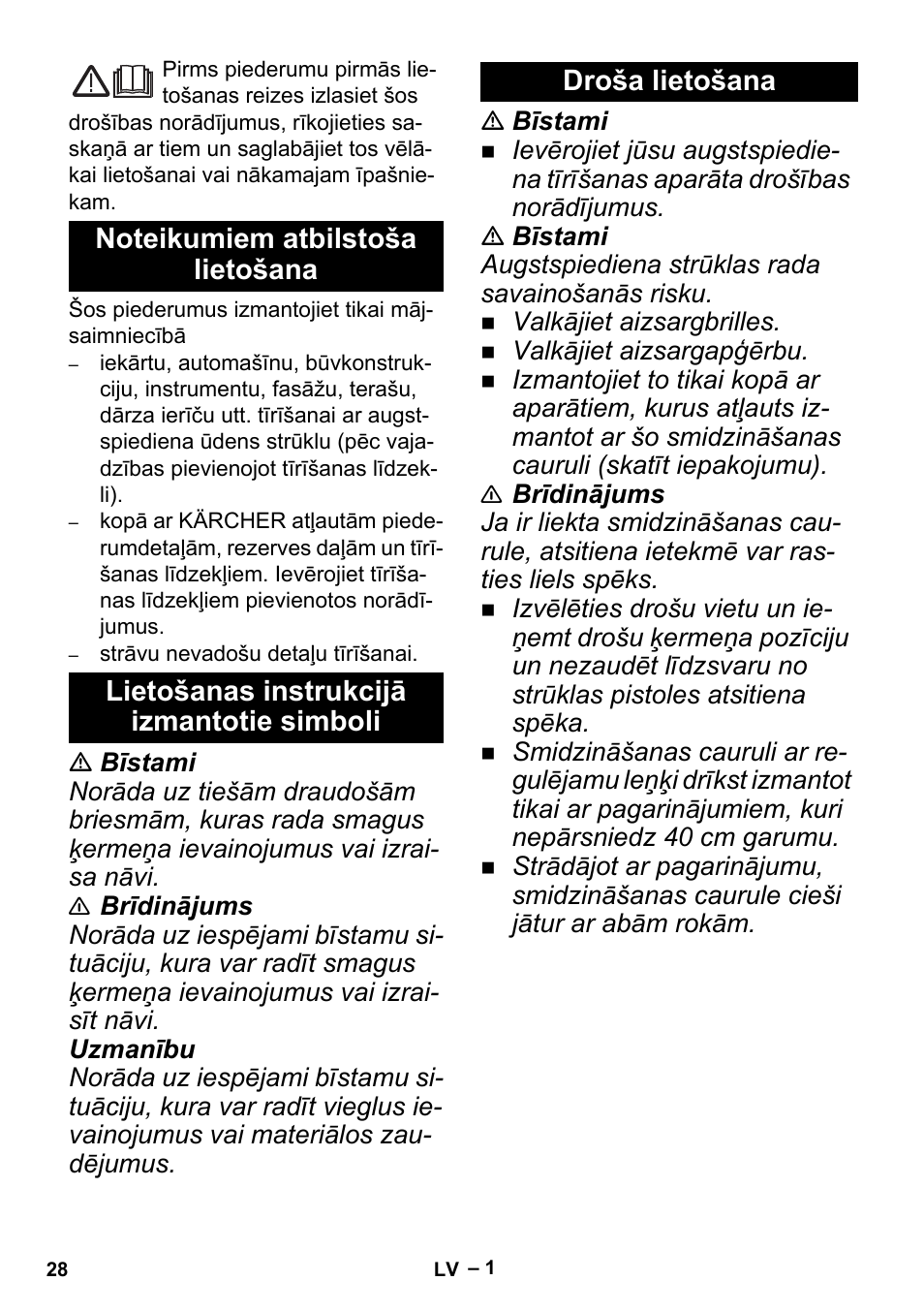 Latviešu, Noteikumiem atbilstoša lietošana, Lietošanas instrukcijā izmantotie simboli | Droša lietošana | Karcher K 5 Premium Offroad User Manual | Page 28 / 32