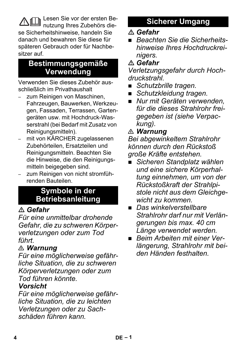 Deutsch, Bestimmungsgemäße verwendung, Symbole in der betriebsanleitung | Sicherer umgang | Karcher K 5 Premium Offroad User Manual | Page 4 / 32