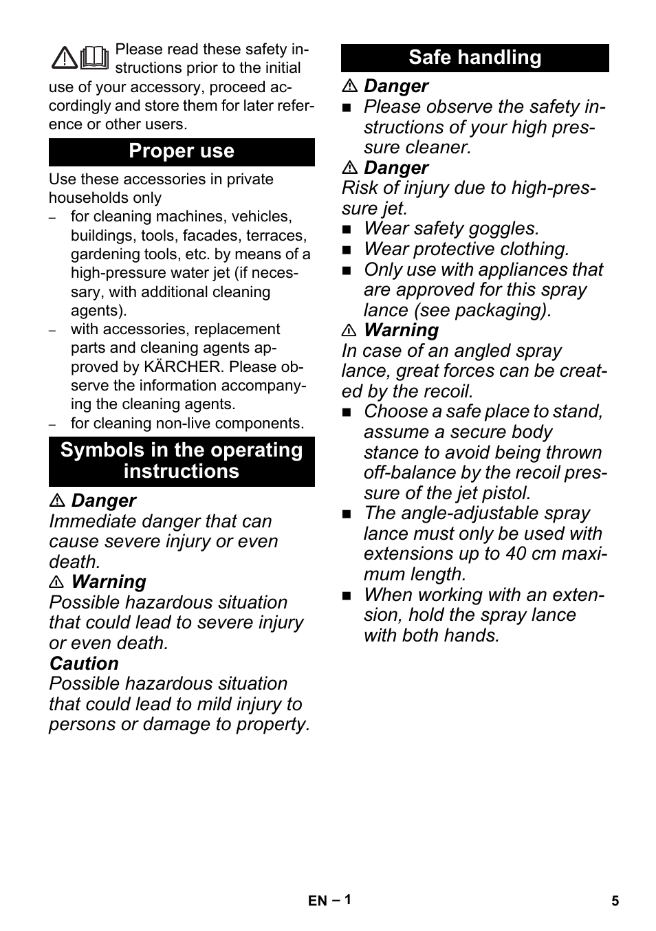 English, Proper use, Symbols in the operating instructions | Safe handling | Karcher K 5 Premium Offroad User Manual | Page 5 / 32