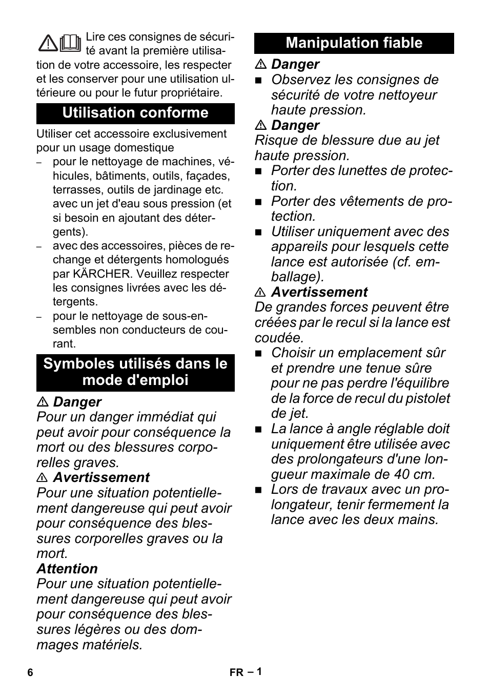 Français, Utilisation conforme, Symboles utilisés dans le mode d'emploi | Manipulation fiable | Karcher K 5 Premium Offroad User Manual | Page 6 / 32