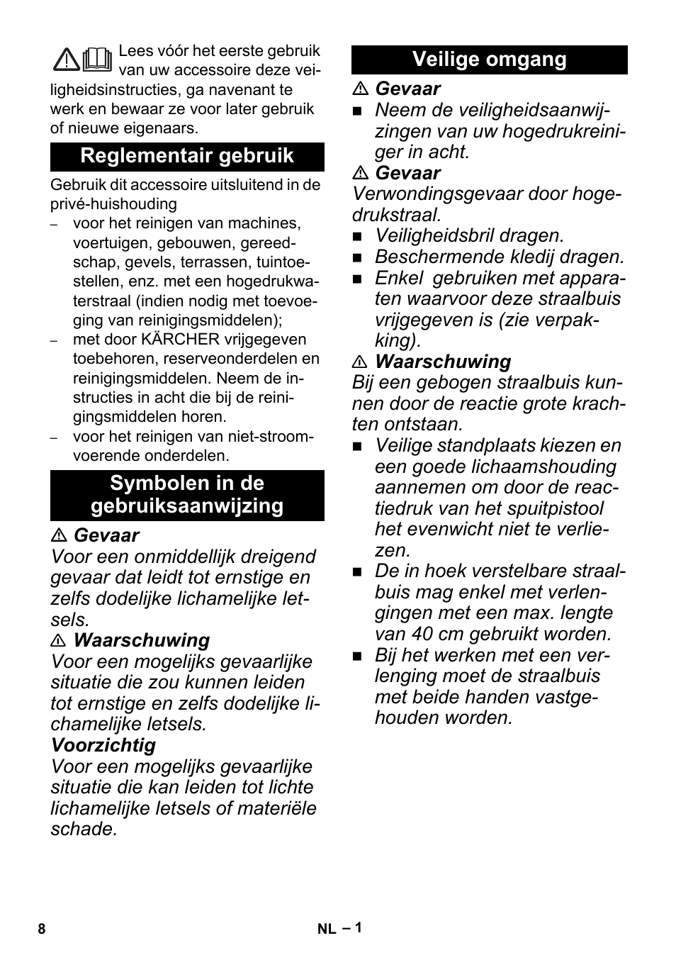 Nederlands, Reglementair gebruik, Symbolen in de gebruiksaanwijzing | Veilige omgang | Karcher K 5 Premium Offroad User Manual | Page 8 / 32