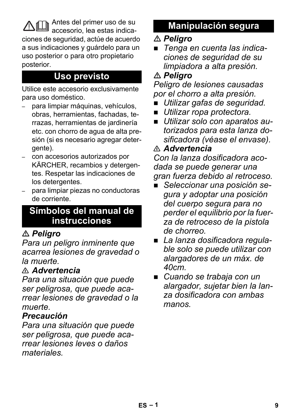 Español, Uso previsto, Símbolos del manual de instrucciones | Manipulación segura | Karcher K 5 Premium Offroad User Manual | Page 9 / 32