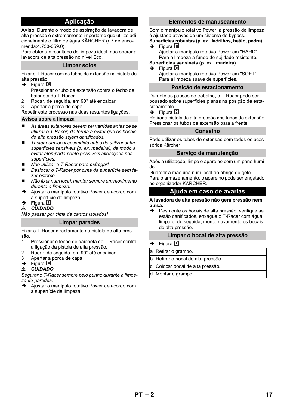 Aplicação, Limpar solos, Avisos sobre a limpeza | Limpar paredes, Elementos de manuseamento, Posição de estacionamento, Conselho, Serviço de manutenção, Ajuda em caso de avarias, Limpar o bocal de alta pressão | Karcher K 4 Premium eco!ogic Home User Manual | Page 17 / 68