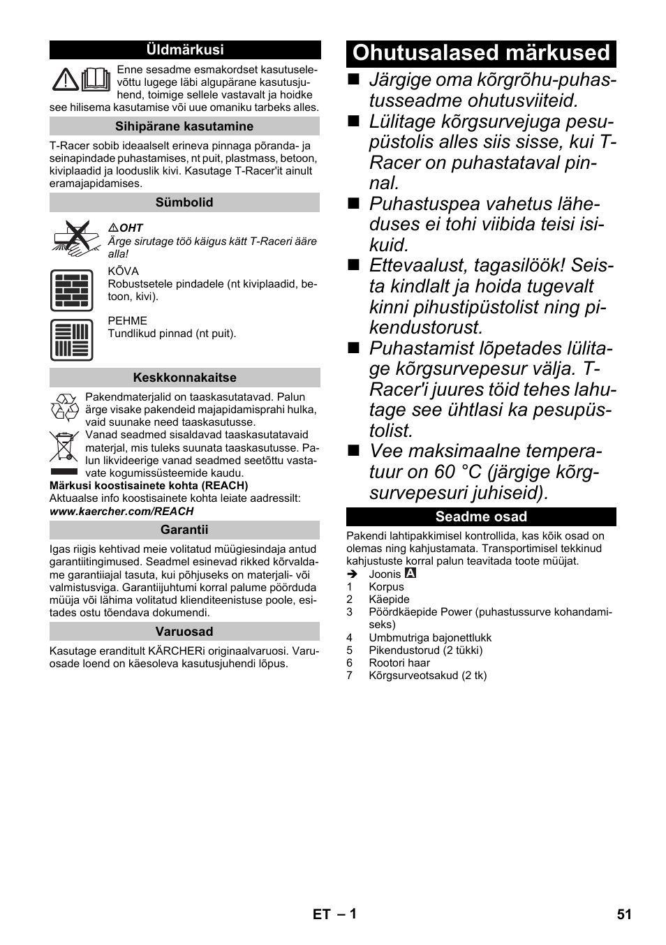 Eesti, Üldmärkusi, Sihipärane kasutamine | Sümbolid, Keskkonnakaitse, Garantii, Varuosad, Ohutusalased märkused, Seadme osad | Karcher K 4 Premium eco!ogic Home User Manual | Page 51 / 68