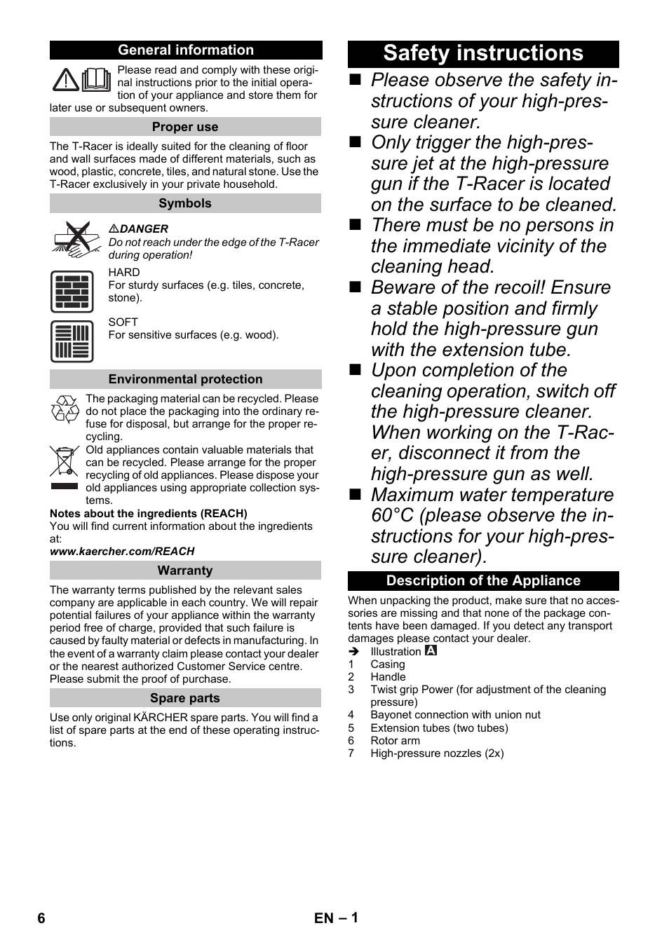 English, General information, Proper use | Symbols, Environmental protection, Warranty, Spare parts, Safety instructions, Description of the appliance | Karcher K 4 Premium eco!ogic Home User Manual | Page 6 / 68