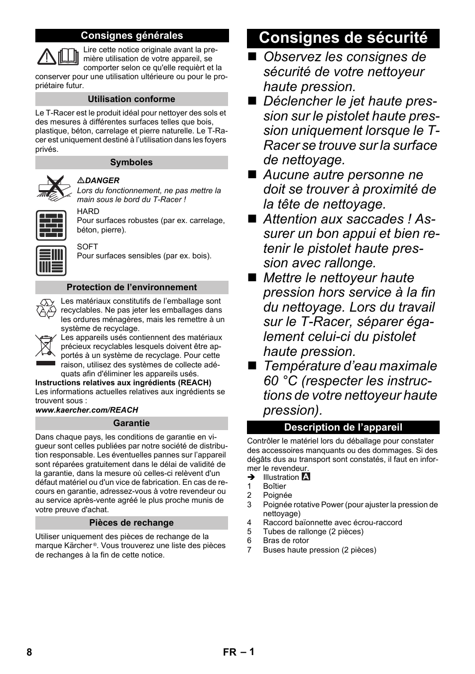 Français, Consignes générales, Utilisation conforme | Symboles, Protection de l’environnement, Garantie, Pièces de rechange, Consignes de sécurité, Description de l’appareil | Karcher K 4 Premium eco!ogic Home User Manual | Page 8 / 68