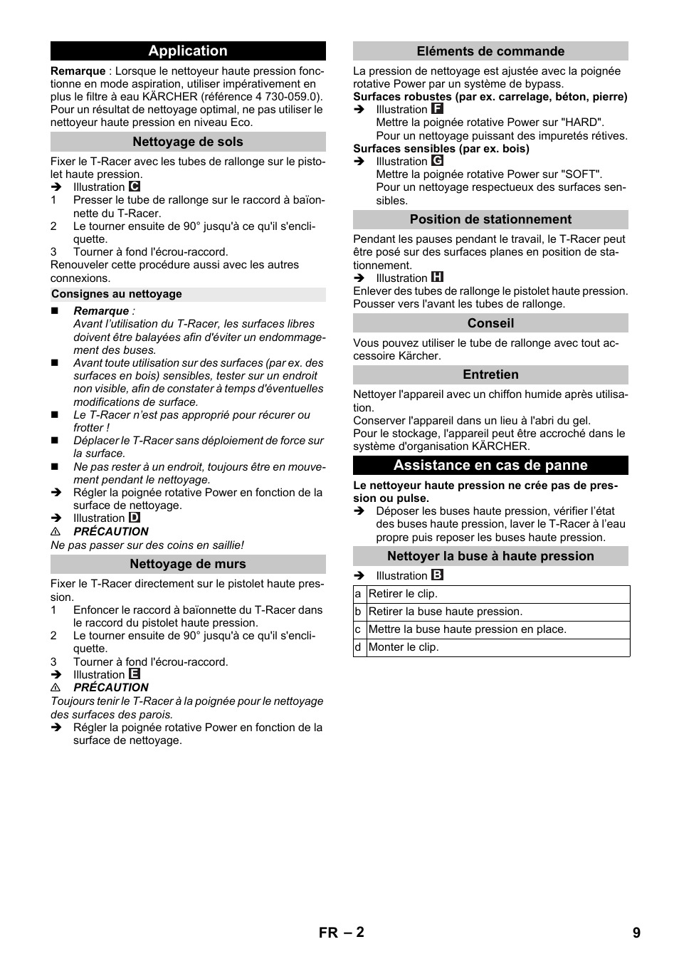 Application, Nettoyage de sols, Consignes au nettoyage | Nettoyage de murs, Eléments de commande, Position de stationnement, Conseil, Entretien, Assistance en cas de panne, Nettoyer la buse à haute pression | Karcher K 4 Premium eco!ogic Home User Manual | Page 9 / 68