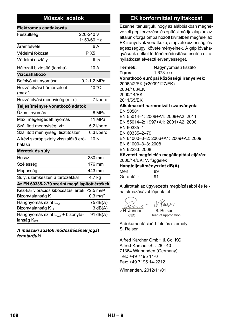 Műszaki adatok, Ek konformitási nyiltakozat | Karcher K 2 Compact Car User Manual | Page 108 / 196