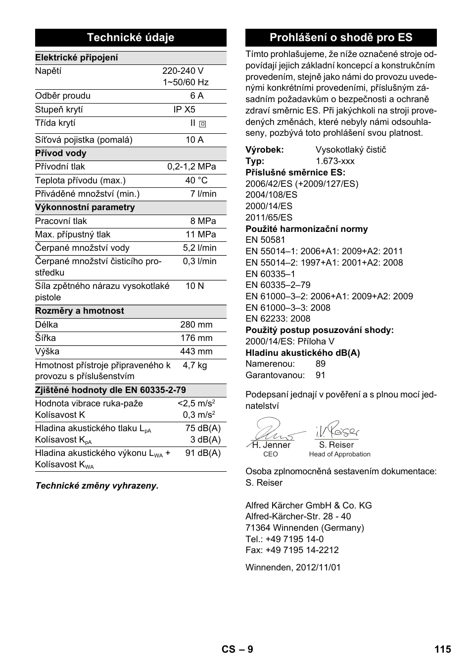 Technické údaje, Prohlášení o shodě pro es | Karcher K 2 Compact Car User Manual | Page 115 / 196