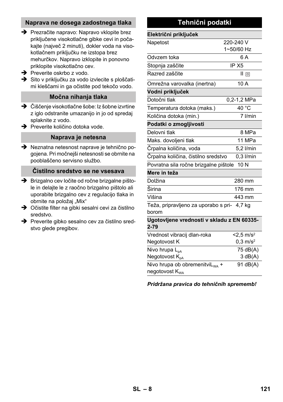 Tehnični podatki | Karcher K 2 Compact Car User Manual | Page 121 / 196
