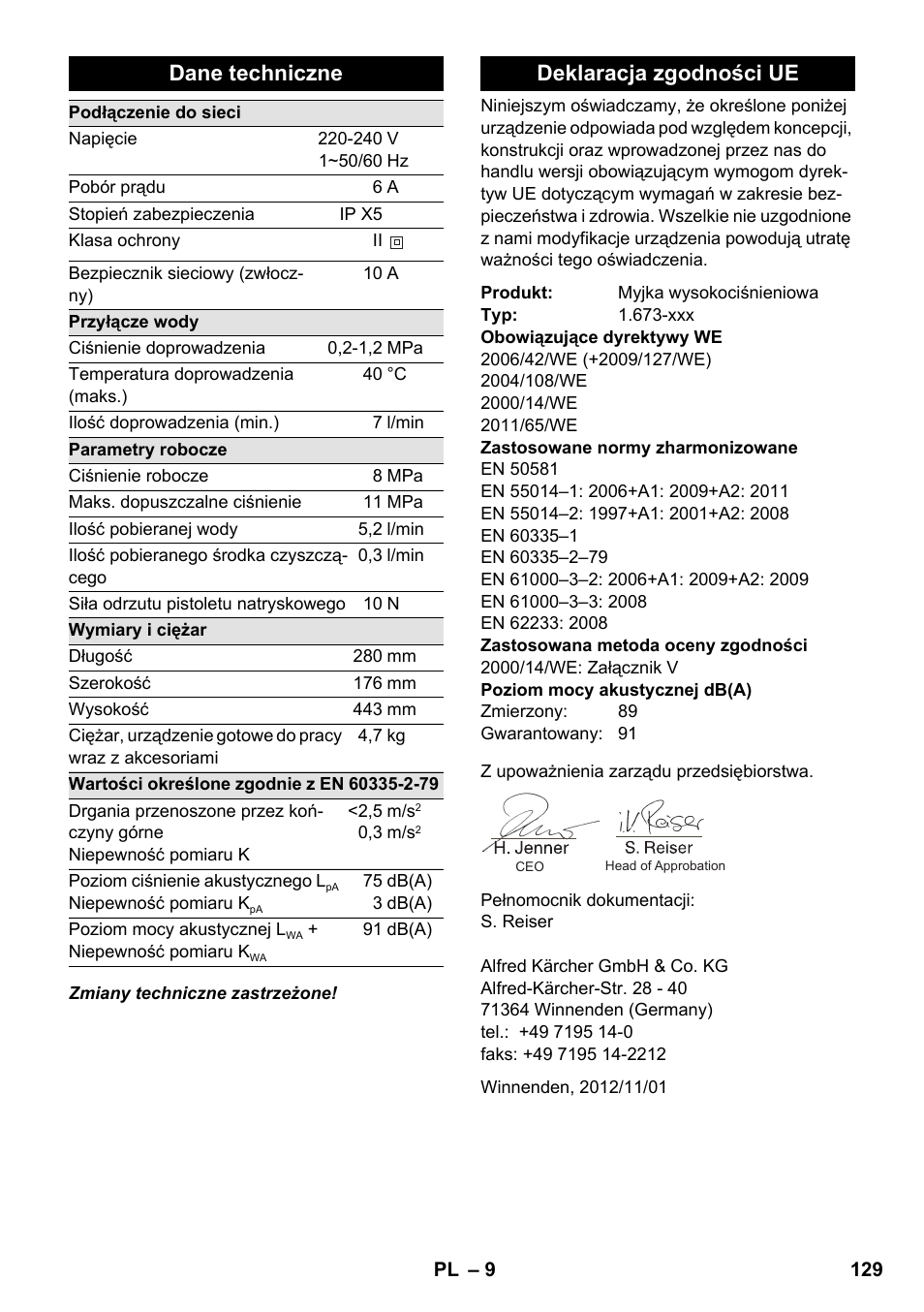 Dane techniczne, Deklaracja zgodności ue | Karcher K 2 Compact Car User Manual | Page 129 / 196