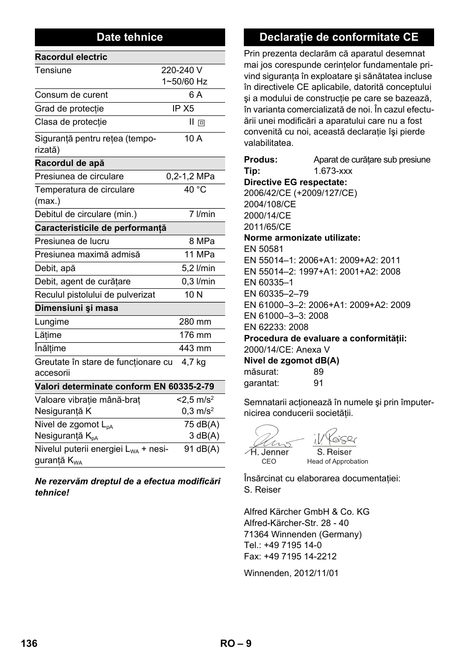 Date tehnice, Declaraţie de conformitate ce | Karcher K 2 Compact Car User Manual | Page 136 / 196
