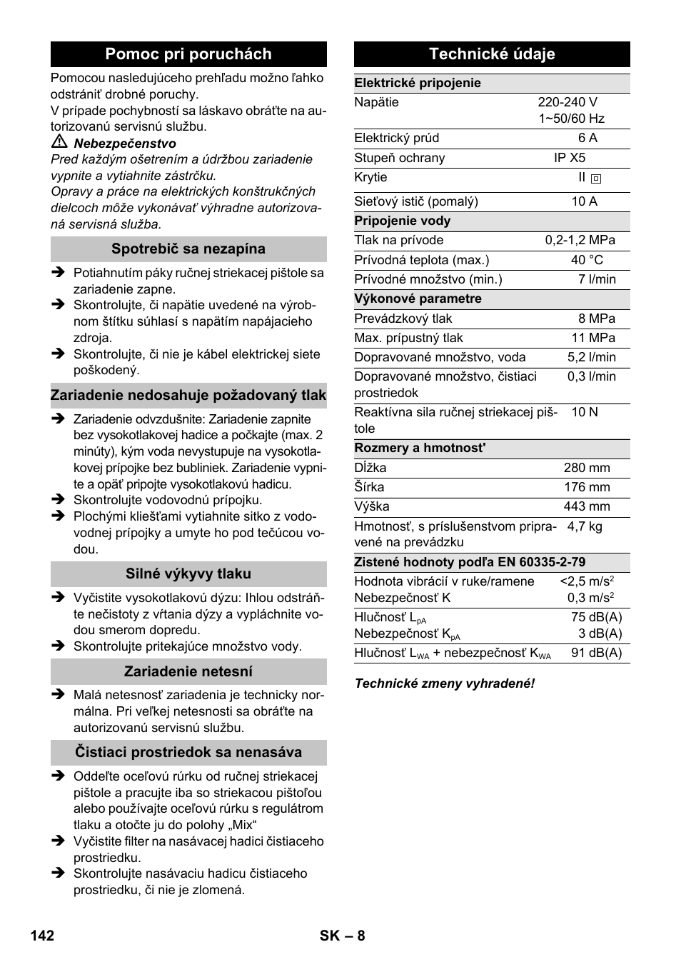 Pomoc pri poruchách, Technické údaje | Karcher K 2 Compact Car User Manual | Page 142 / 196