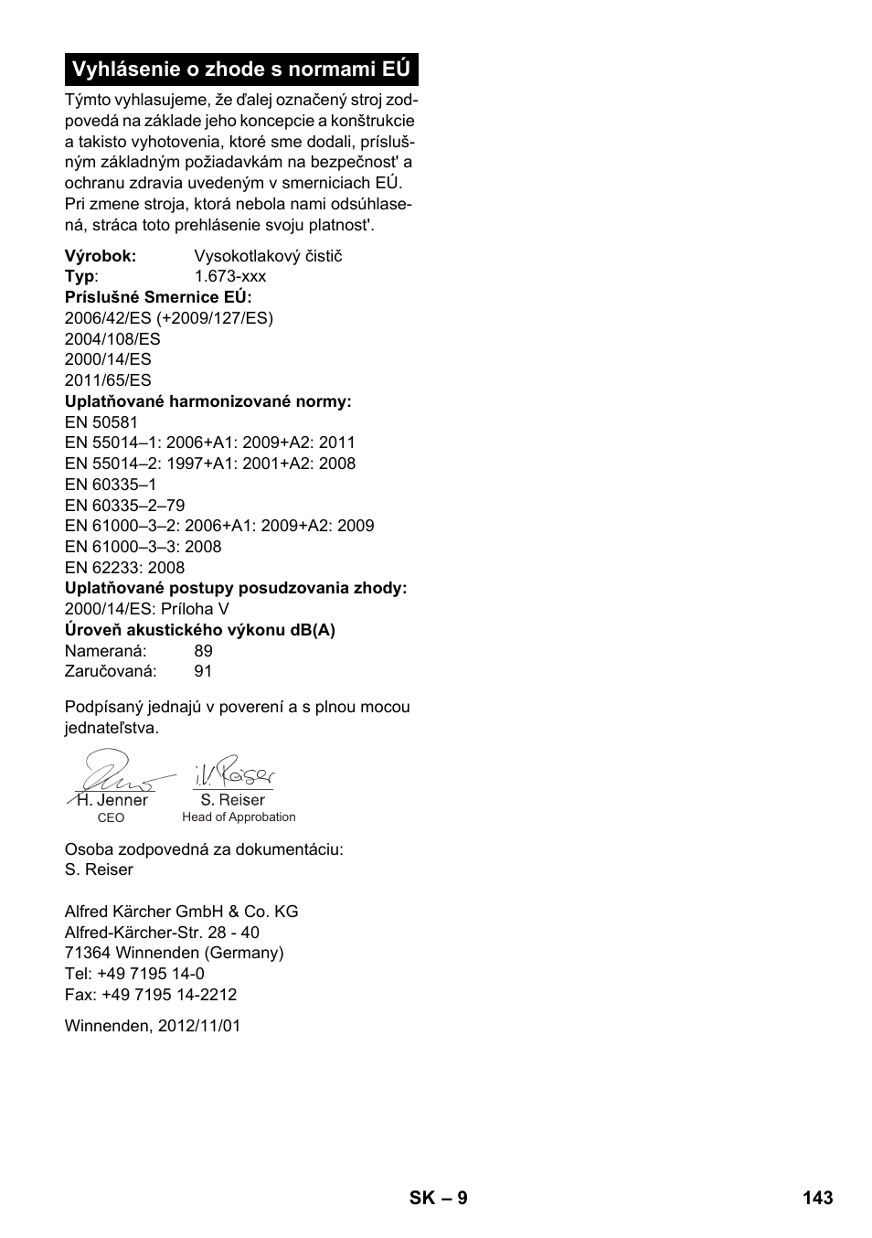 Vyhlásenie o zhode s normami eú | Karcher K 2 Compact Car User Manual | Page 143 / 196