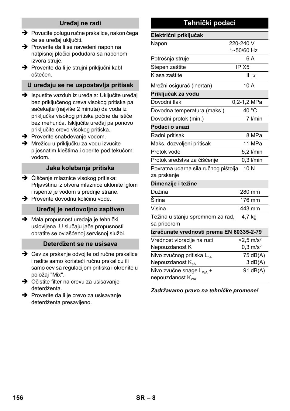 Tehnički podaci | Karcher K 2 Compact Car User Manual | Page 156 / 196