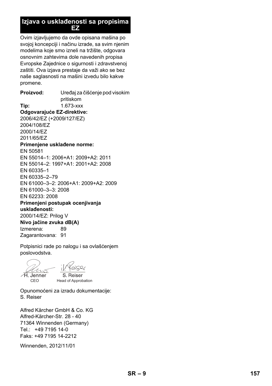 Izjava o usklađenosti sa propisima ez | Karcher K 2 Compact Car User Manual | Page 157 / 196