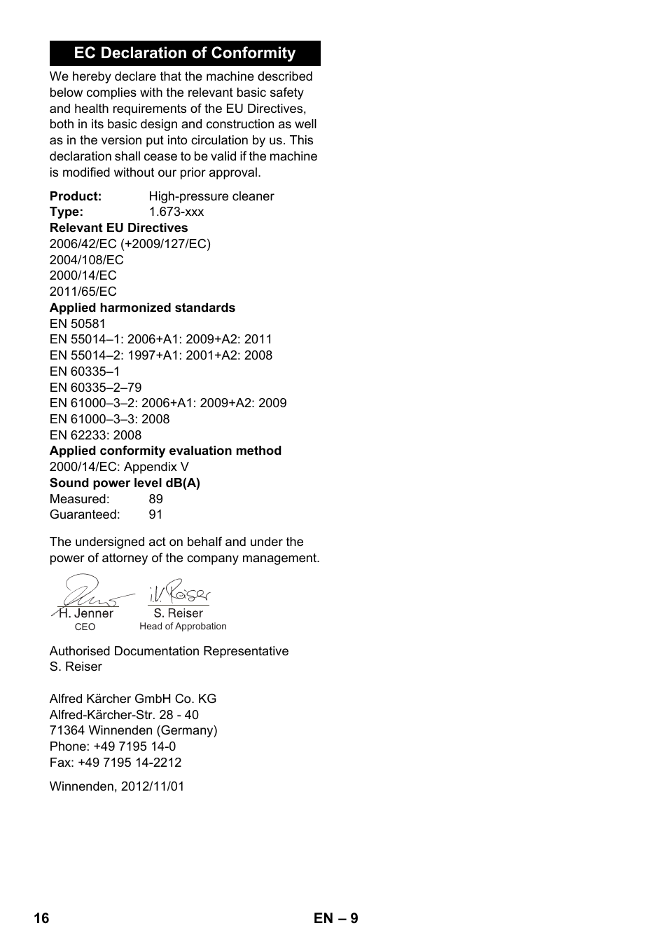 Ec declaration of conformity | Karcher K 2 Compact Car User Manual | Page 16 / 196