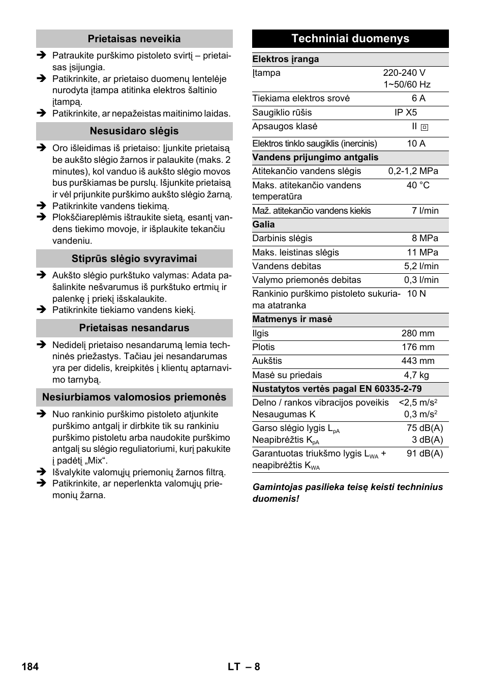 Techniniai duomenys | Karcher K 2 Compact Car User Manual | Page 184 / 196
