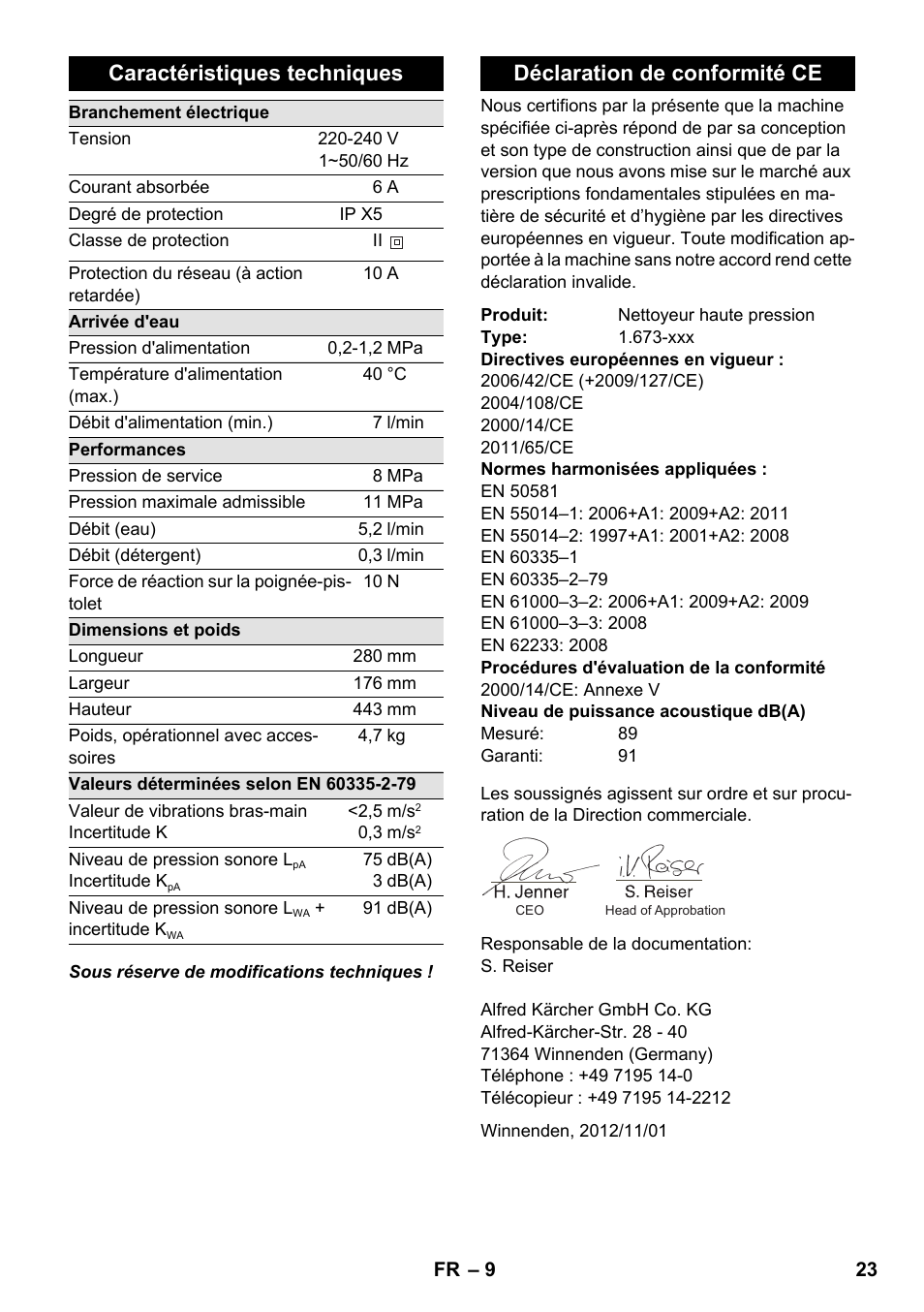Caractéristiques techniques, Déclaration de conformité ce | Karcher K 2 Compact Car User Manual | Page 23 / 196