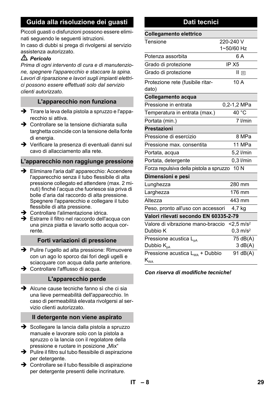 Guida alla risoluzione dei guasti, Dati tecnici | Karcher K 2 Compact Car User Manual | Page 29 / 196