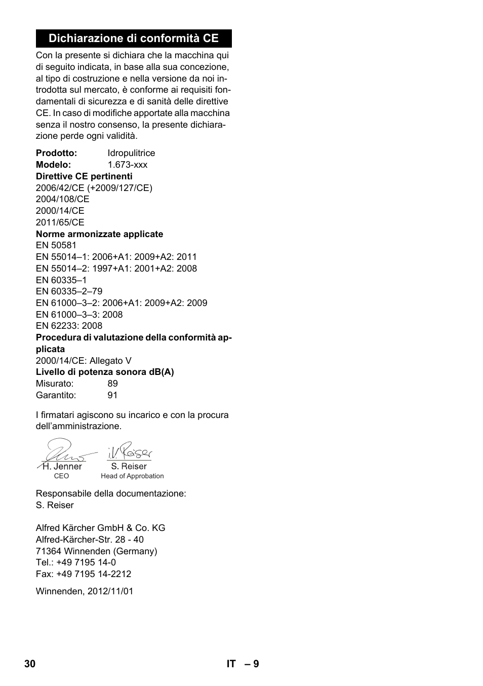 Dichiarazione di conformità ce | Karcher K 2 Compact Car User Manual | Page 30 / 196