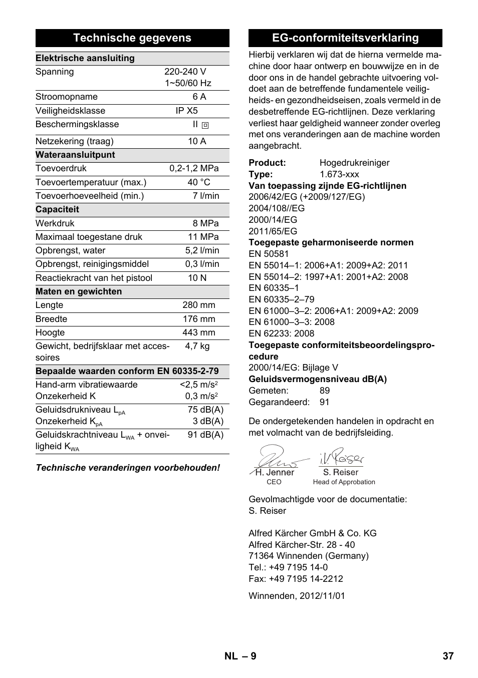 Technische gegevens, Eg-conformiteitsverklaring | Karcher K 2 Compact Car User Manual | Page 37 / 196