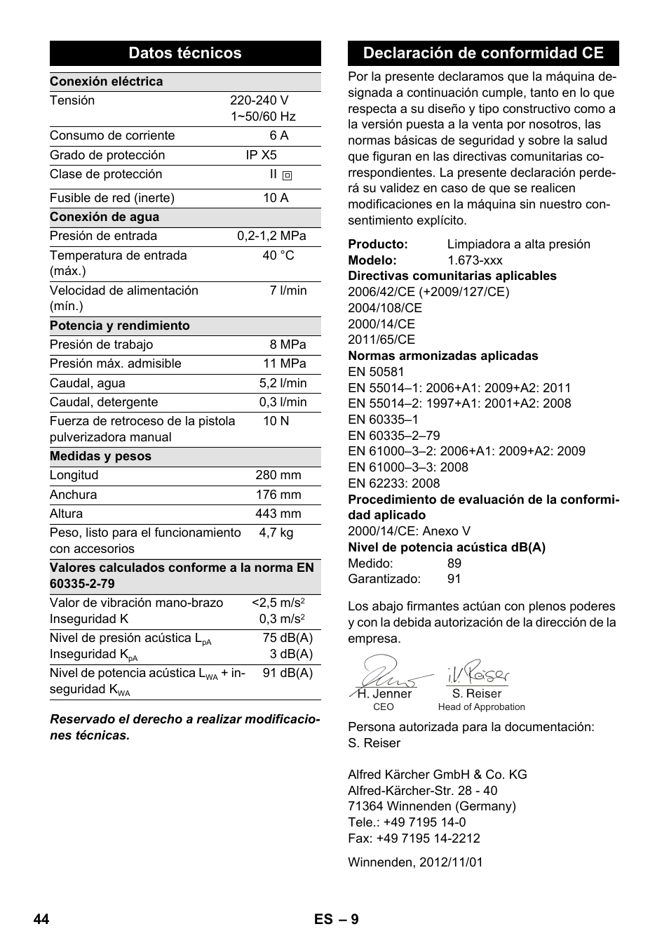 Datos técnicos, Declaración de conformidad ce | Karcher K 2 Compact Car User Manual | Page 44 / 196