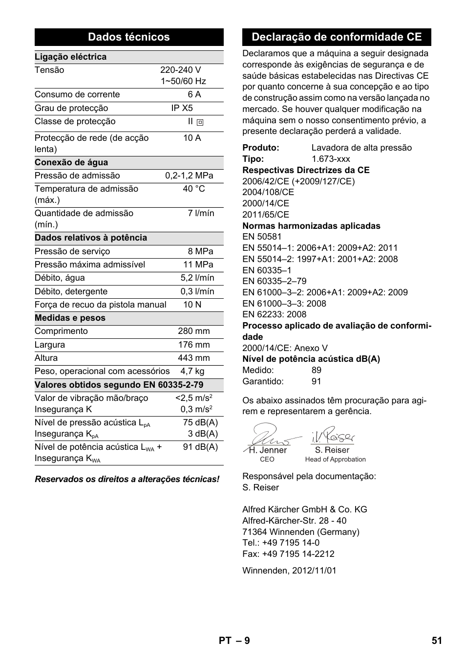 Dados técnicos, Declaração de conformidade ce | Karcher K 2 Compact Car User Manual | Page 51 / 196